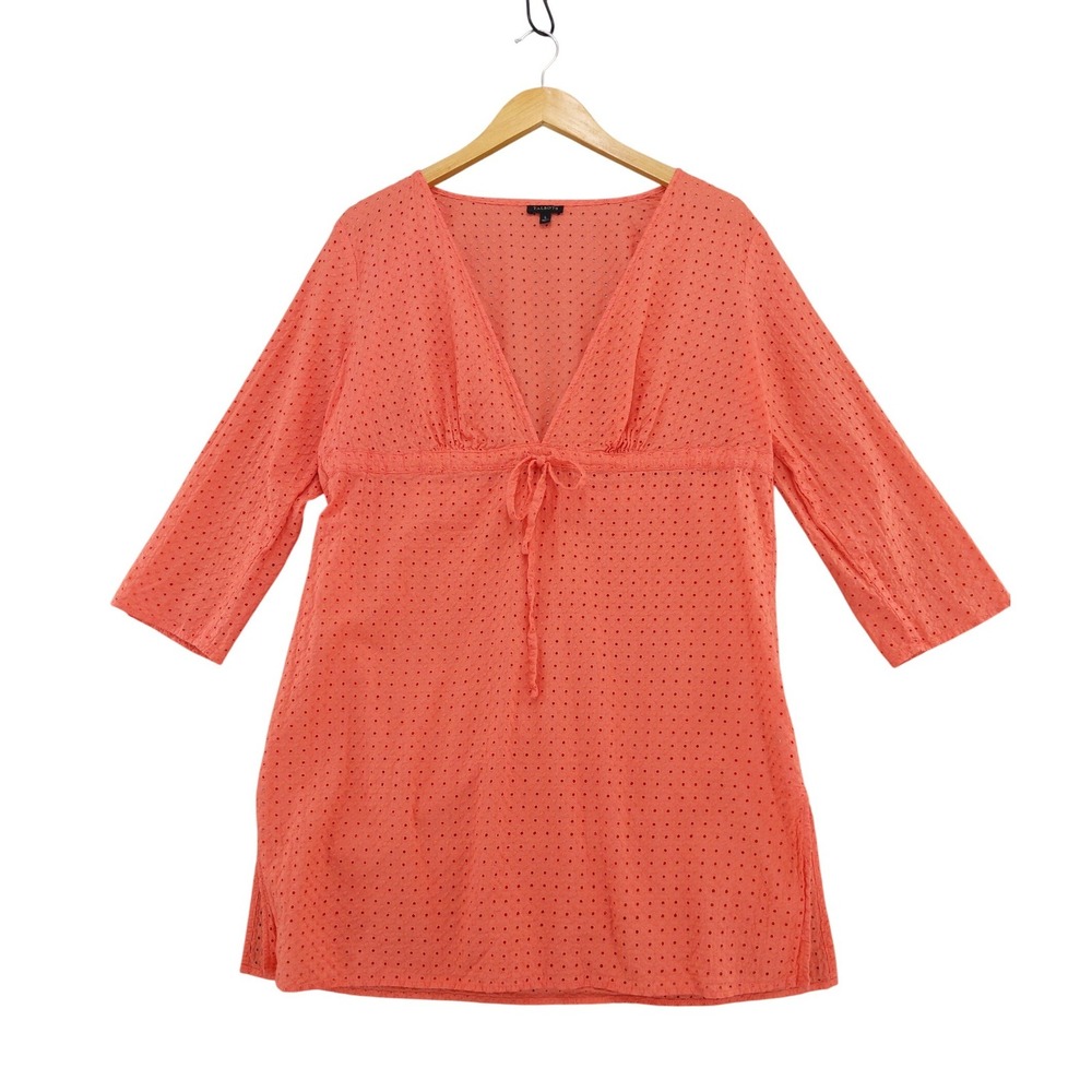 Talbots Eyelet Tunic Size L Coral Orange Empire Waist V-Neck Cotton 3/4 Slv